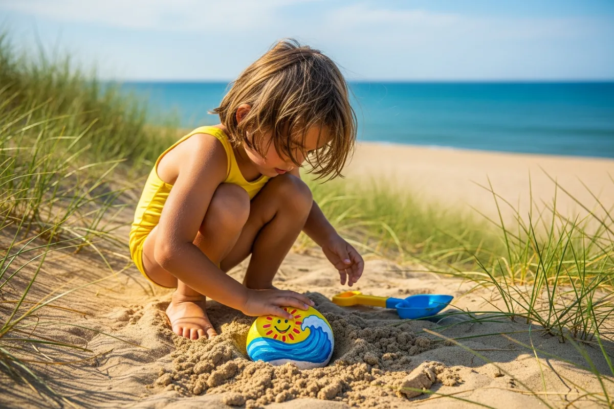 A child hiding a painted rock in the sand at beach dunes with ocean in background