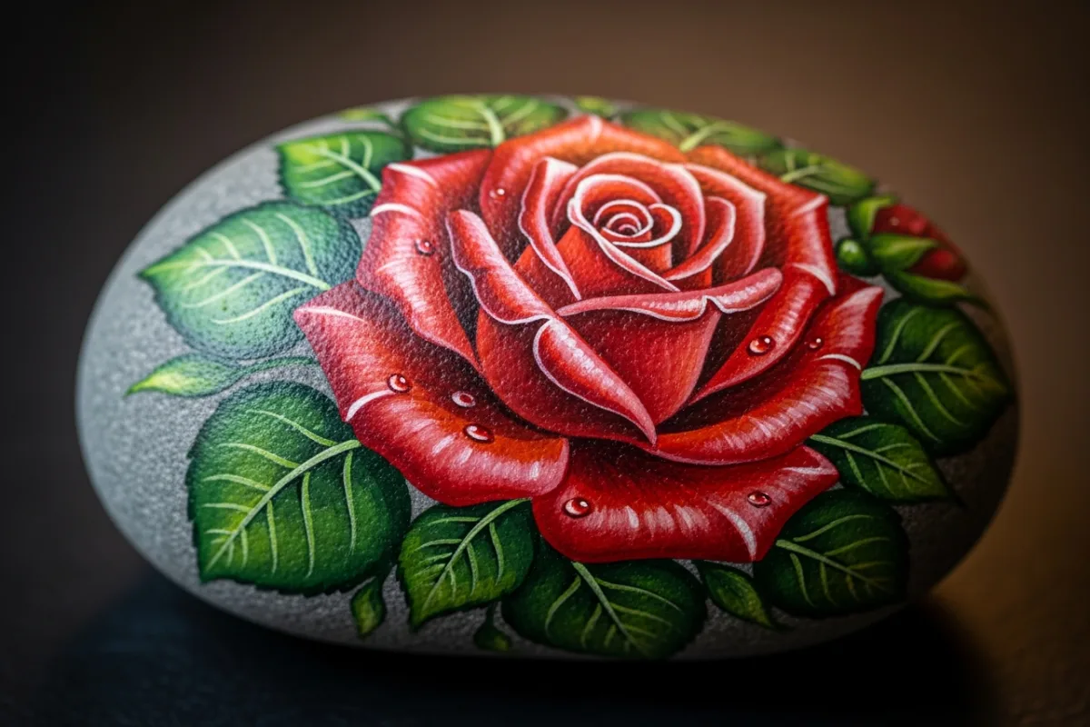 Rock painted with a detailed red rose and green leaves on a dark background