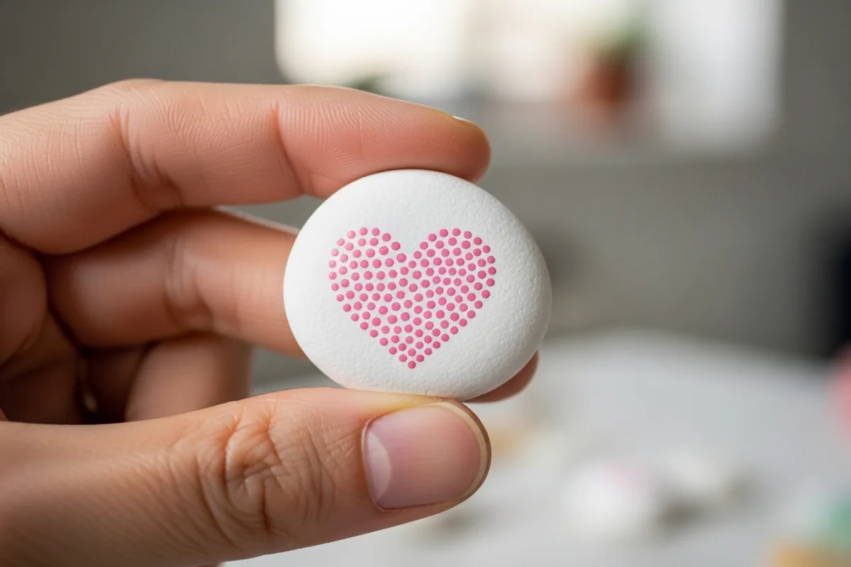 A hand holding a small white rock with a delicate pink heart and tiny dot pattern