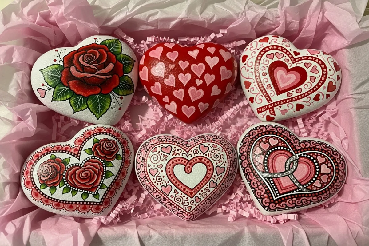 Six heart-themed rocks arranged on pink tissue paper as a Valentine gift display