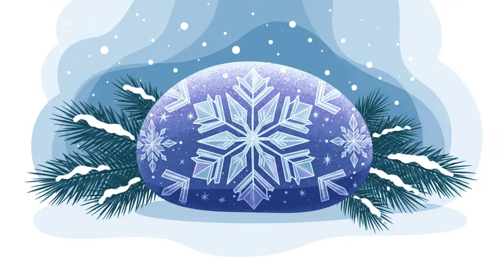 Blue and white snowflake winter painted rock with pine branches