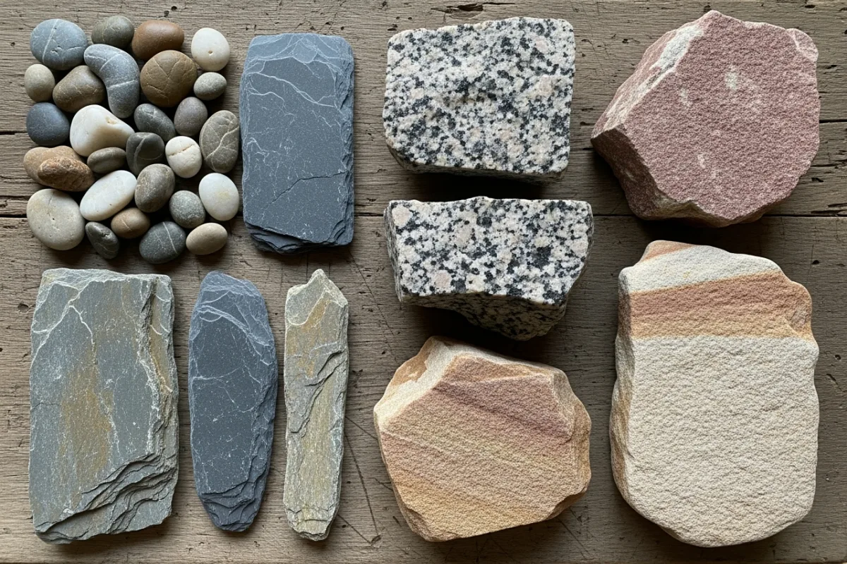 Różne rodzaje kamieni na drewnianej powierzchni — otoczaki, łupek, granit, piaskowiec