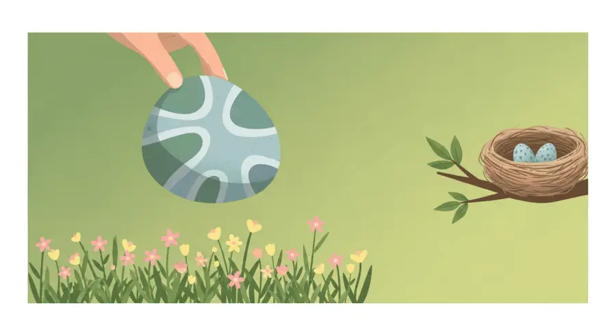 Environmental awareness illustration showing places to avoid hiding painted rocks near delicate nature