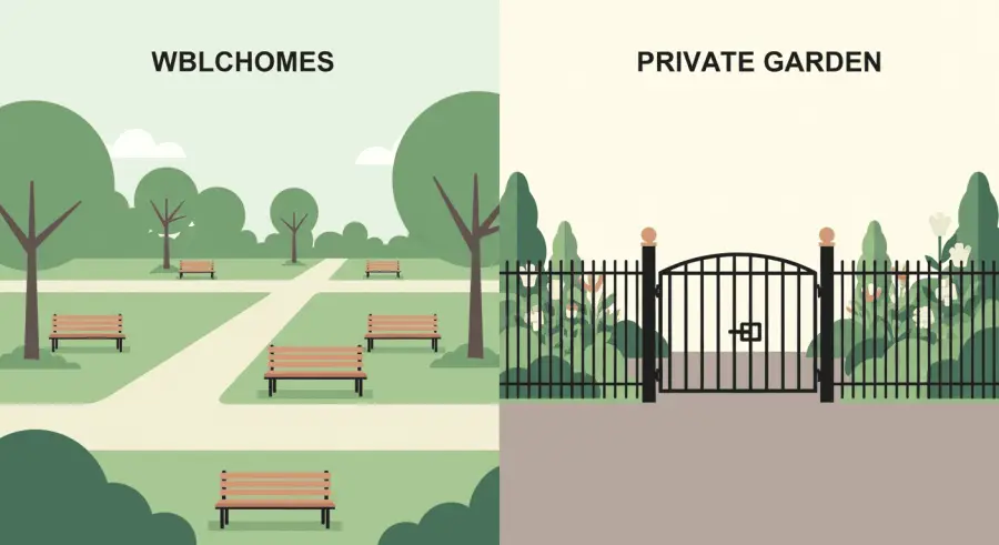 Comparison of welcoming public park path and fenced private garden showing land accessibility