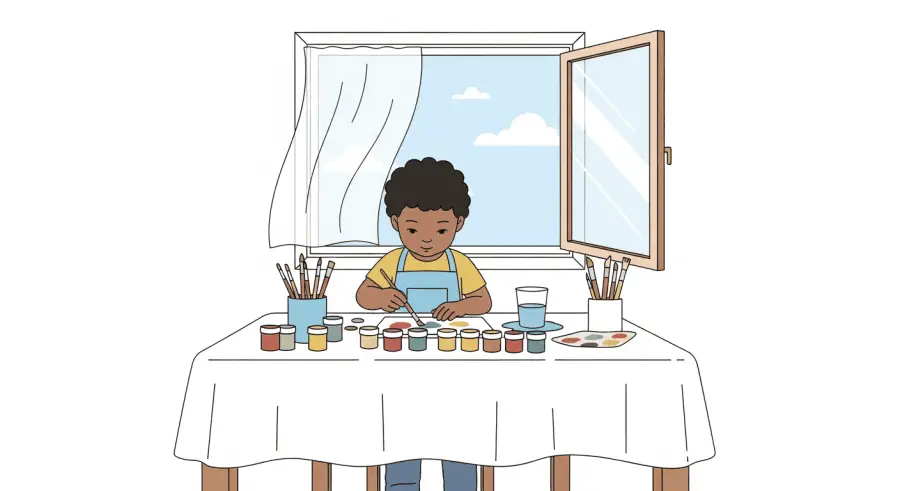 Child wearing apron with organized non-toxic art supplies in a well-ventilated painting setup