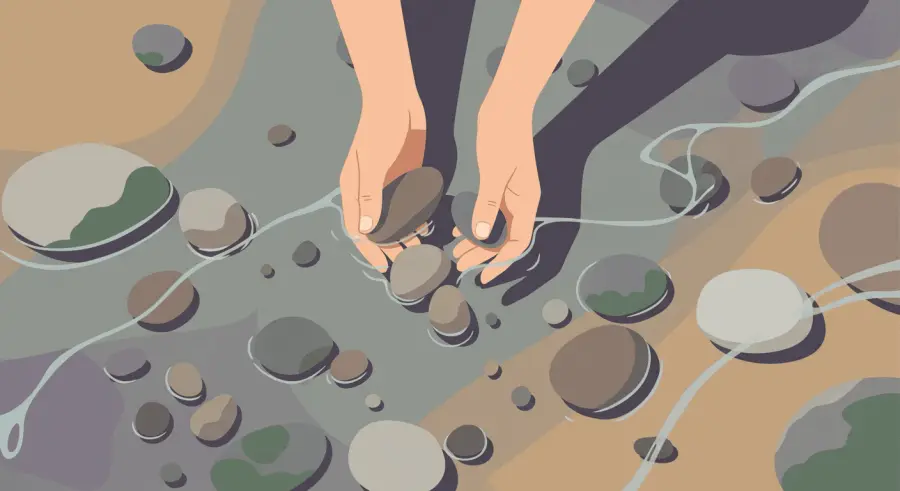 Hands gently collecting smooth stones from a river bed for sustainable rock painting
