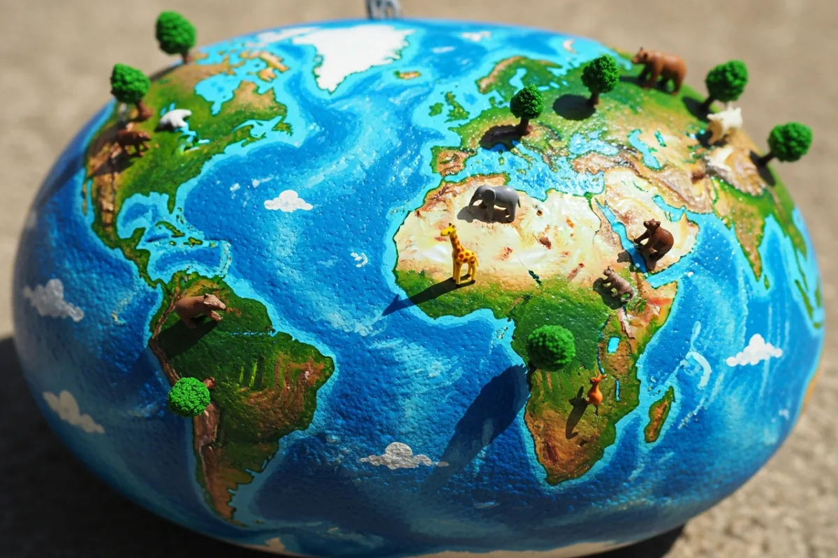 Kamień z globem ziemskim w niebieskim i zielonym z małymi drzewami i zwierzętami