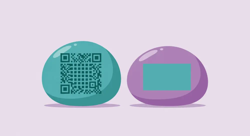 Two painted rocks comparing QR code and written code tracking approaches