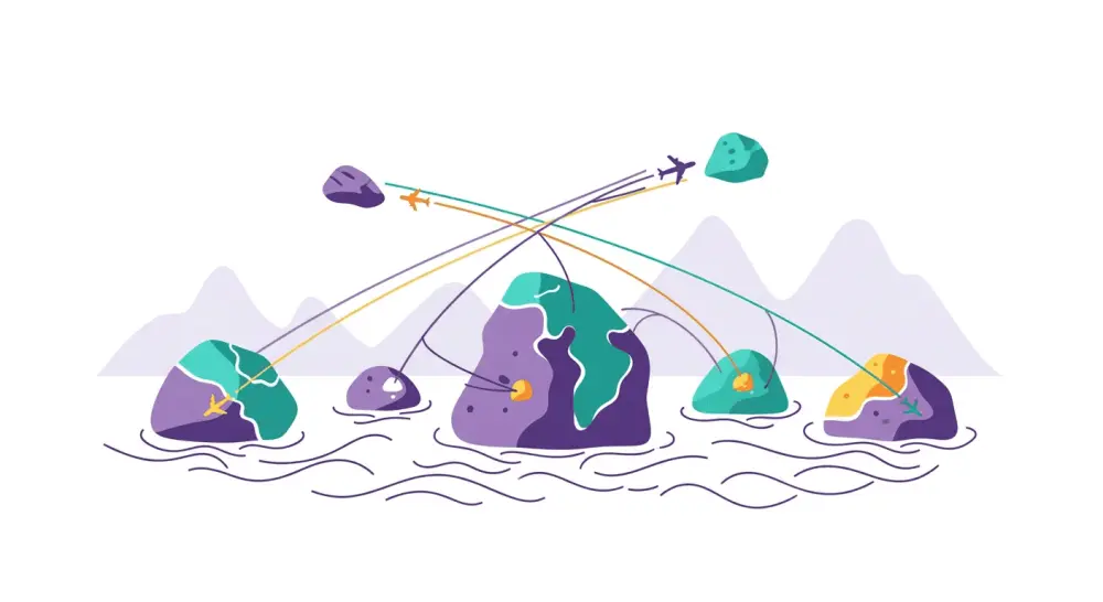 Painted rocks traveling across continents over ocean and mountains
