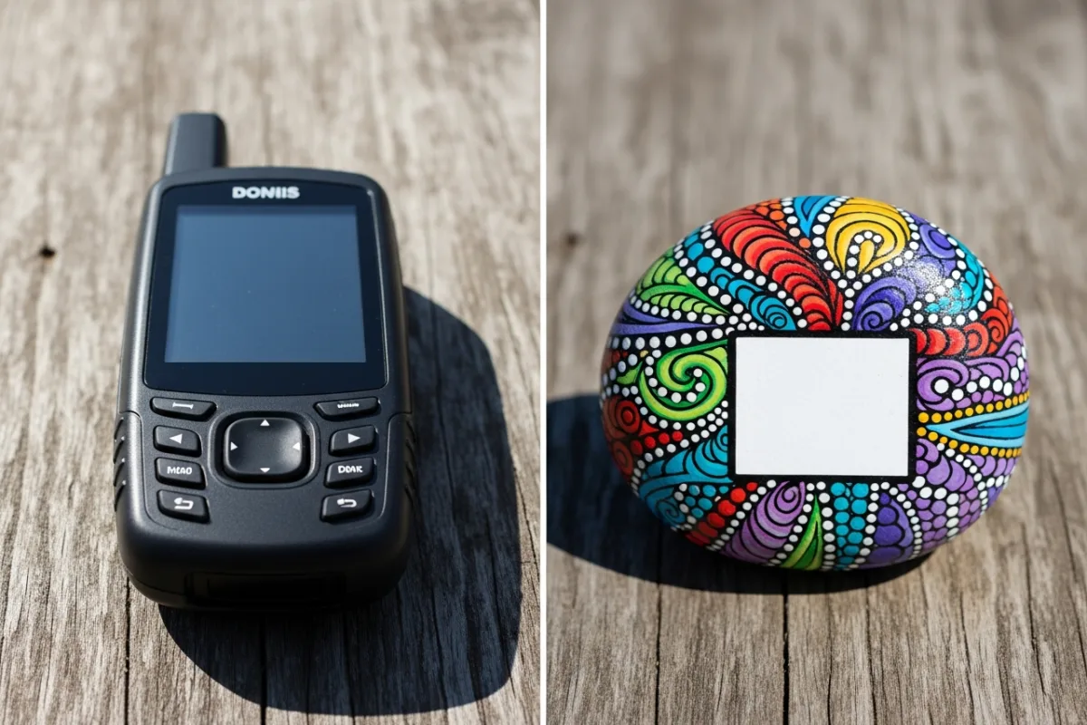 GPS geocaching device beside a painted rock with a tracking code