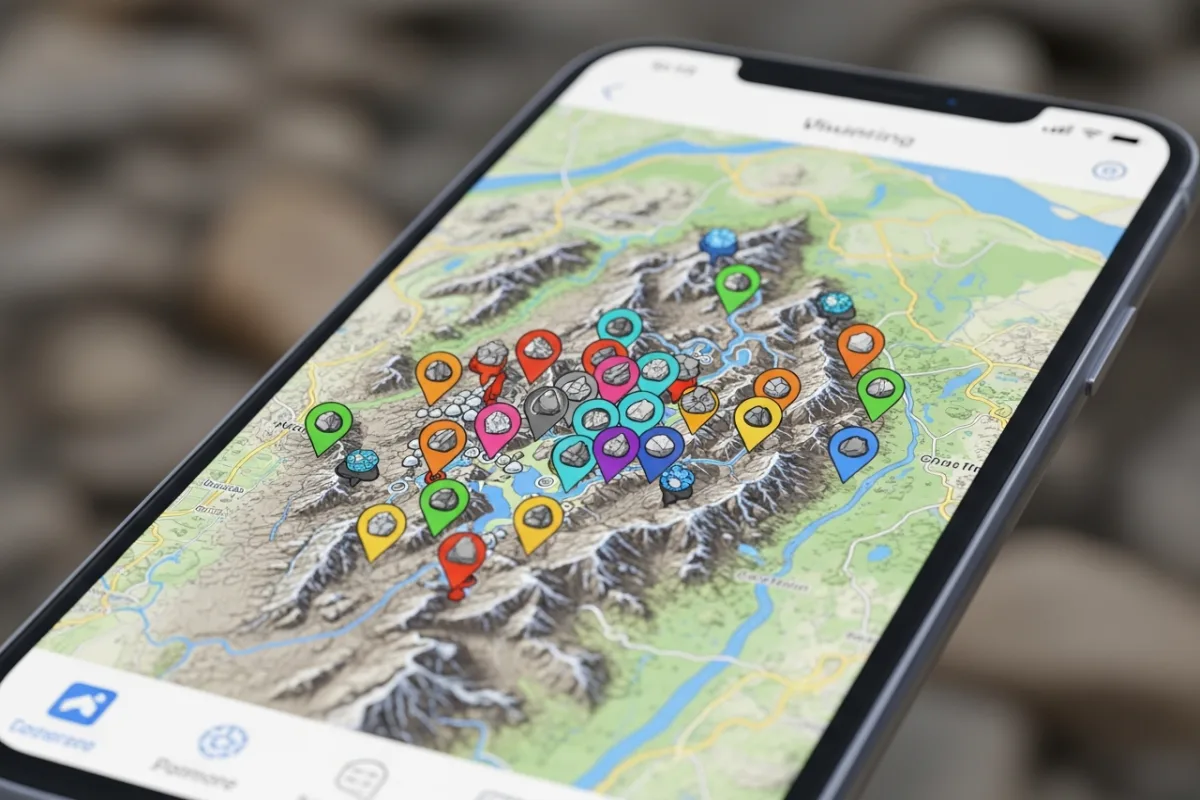 A smartphone showing a digital map with coloured pins representing rock locations