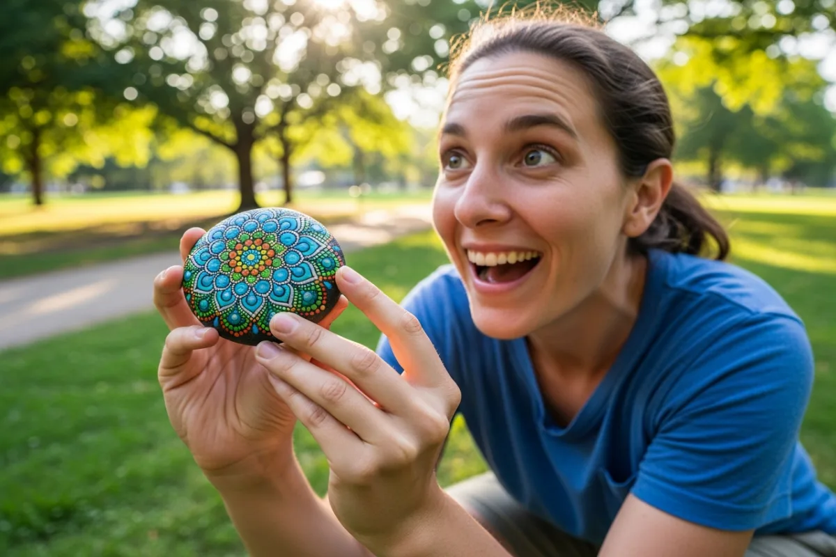 A happy person holding up a found painted rock in a park, joy of discovery