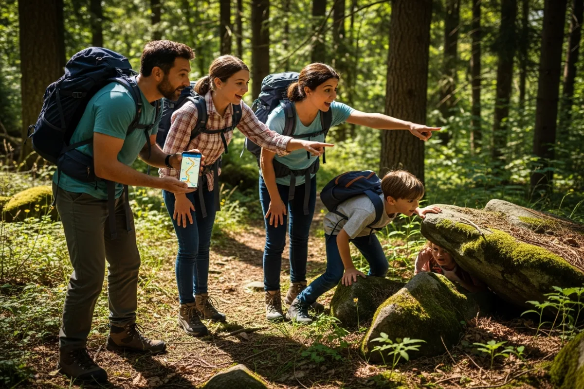 Family hiking on a summer trail looking excitedly for hidden rocks in the forest