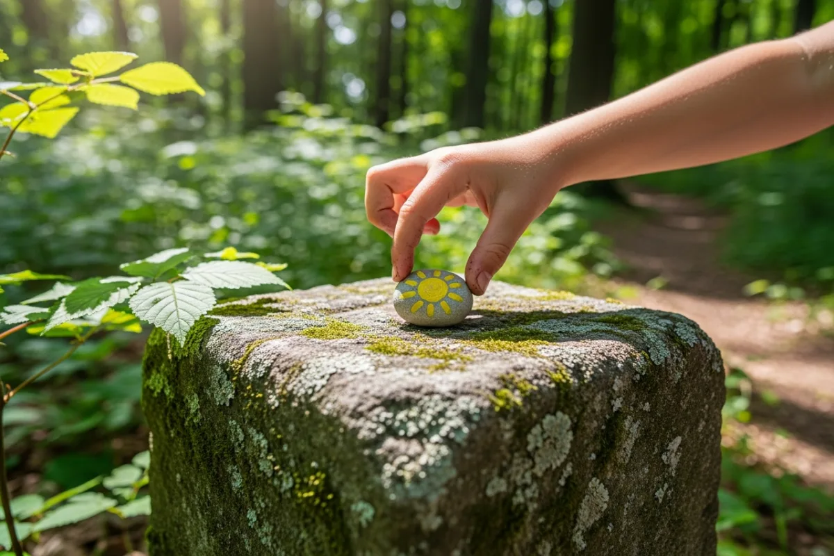 Child's hand picking up a painted rock from a trail marker in a summer forest