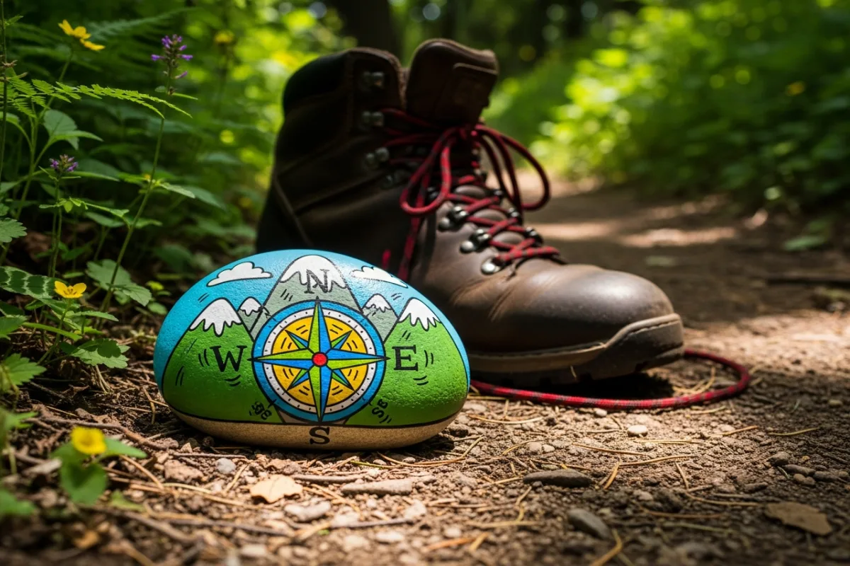 Painted rock with compass rose and mountains discovered on summer trail beside hiking boot