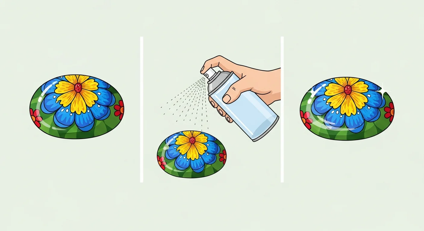 Ilustracja instruktażowa pokazująca malowany kamień, spray lakierniczy i kroki nakładania poliuretanu pędzlem