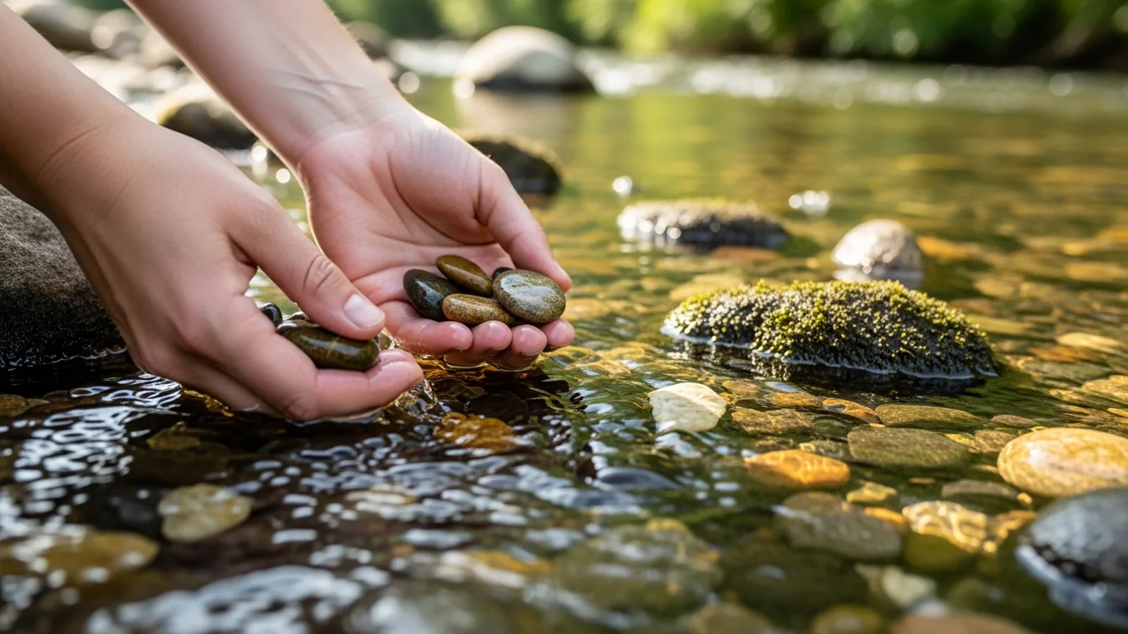 Hands selecting smooth oval river pebbles from a shallow rocky riverbank with clear water flowing