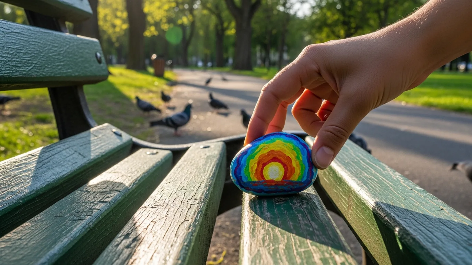 A hand carefully placing a brightly painted rock under a park bench in a sunny urban park