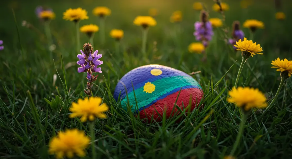 Painted rock placed responsibly on a park bench with natural forest scenery in background