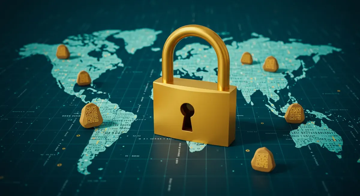 Shield icon overlaid on a map with painted rock markers symbolizing data privacy protection