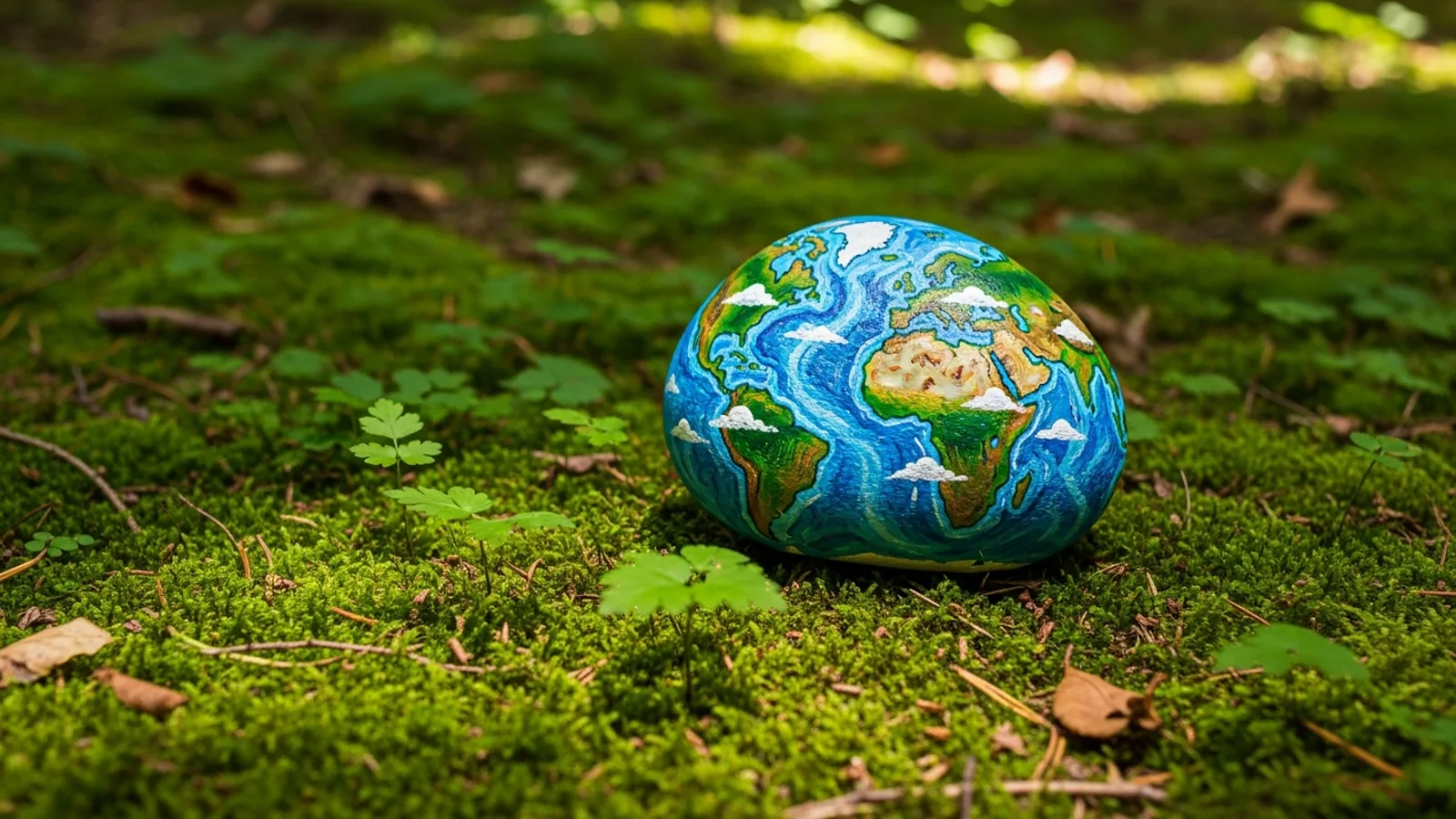 A painted rock with an intricate earth and globe design resting on green moss in a forest with dappled sunlight