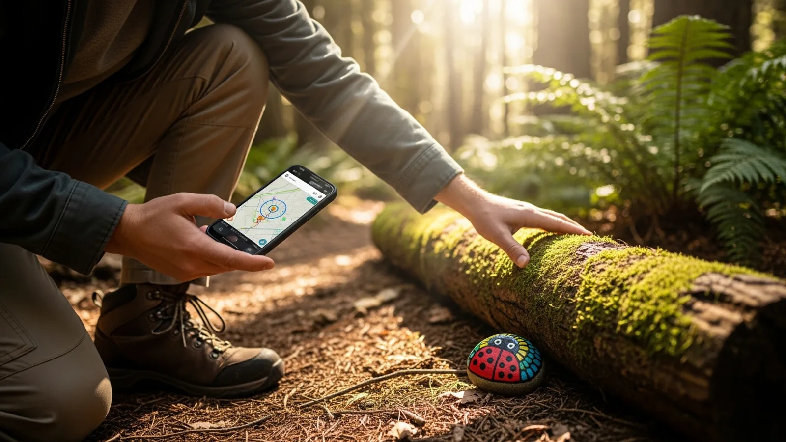 A person using a smartphone app to find a painted rock hidden under a log in a forest trail, outdoor geocaching scene