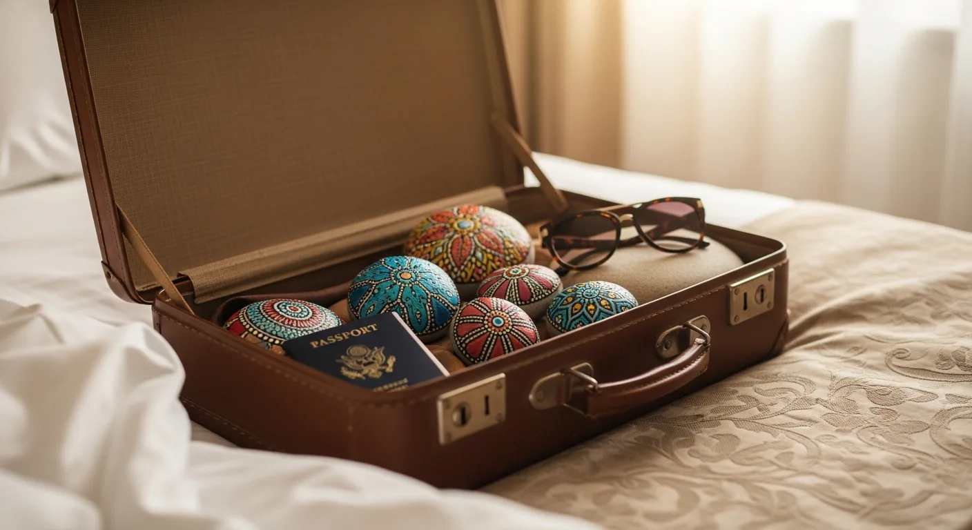 An open suitcase on a hotel bed with painted rocks nestled inside beside travel essentials