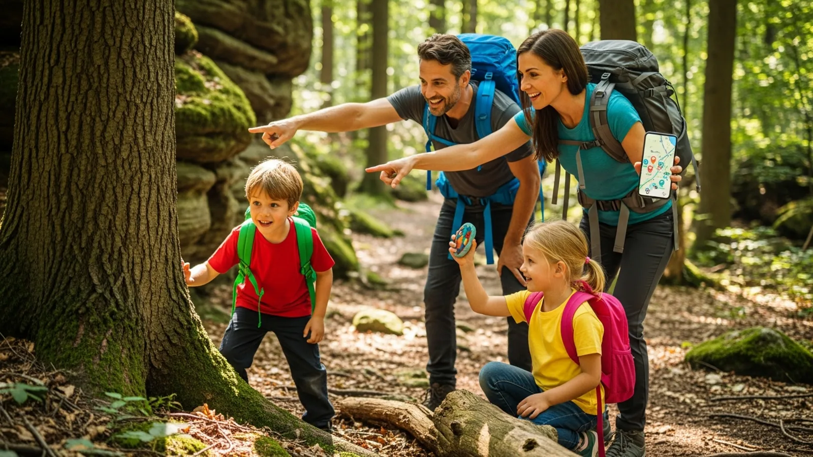 A family of four excitedly discovering a brightly painted rock hidden under a wooden bridge on a sunny summer trail