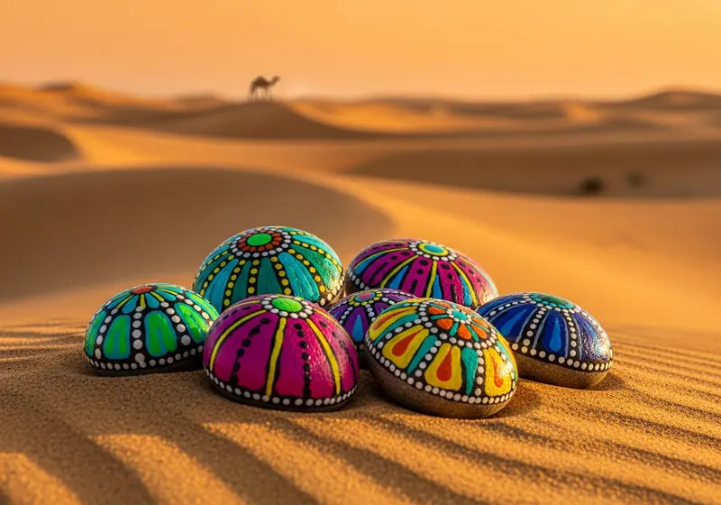 Colourful painted stones arranged on a bench in Dubai, UAE