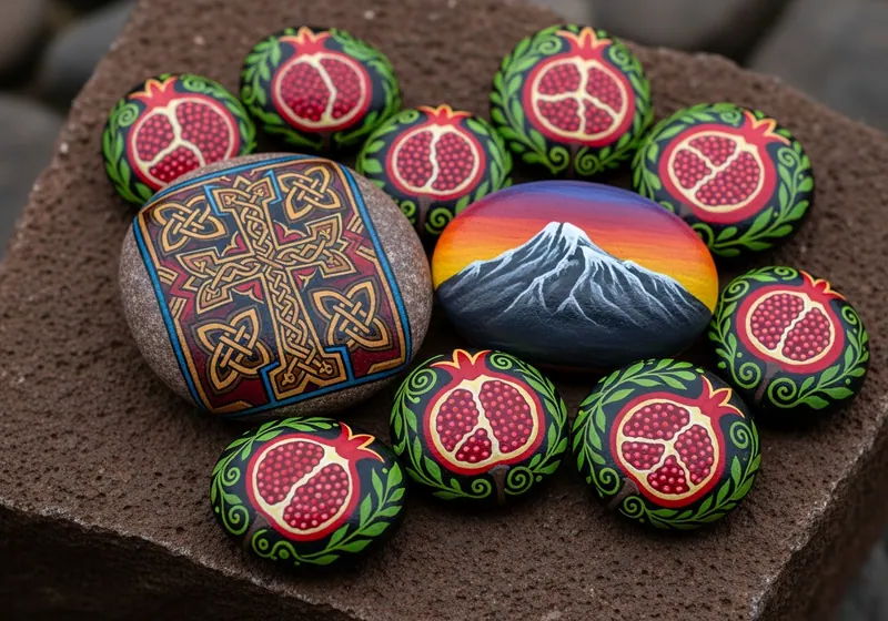 Hand-painted painted rocks resting on a path in Yerevan, Armenia