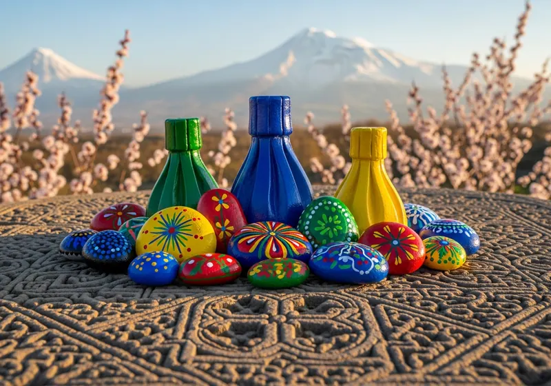 Colourful painted stones arranged on a bench in Yerevan, Armenia