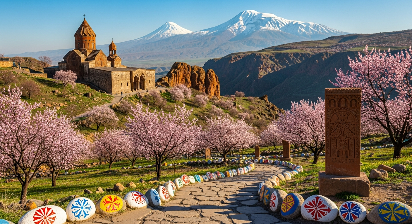 Armenian highland with Mount Ararat snow-capped twin peaks above ancient stone monastery and apricot blossoms, painted decorative pebbles on a khachkar stone path
