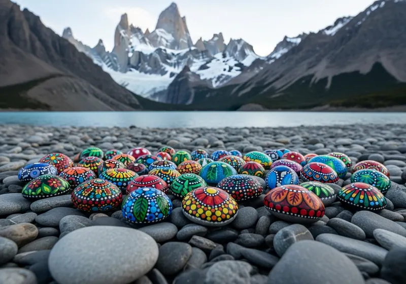 Colourful painted stones arranged on a bench in Buenos Aires, Argentina