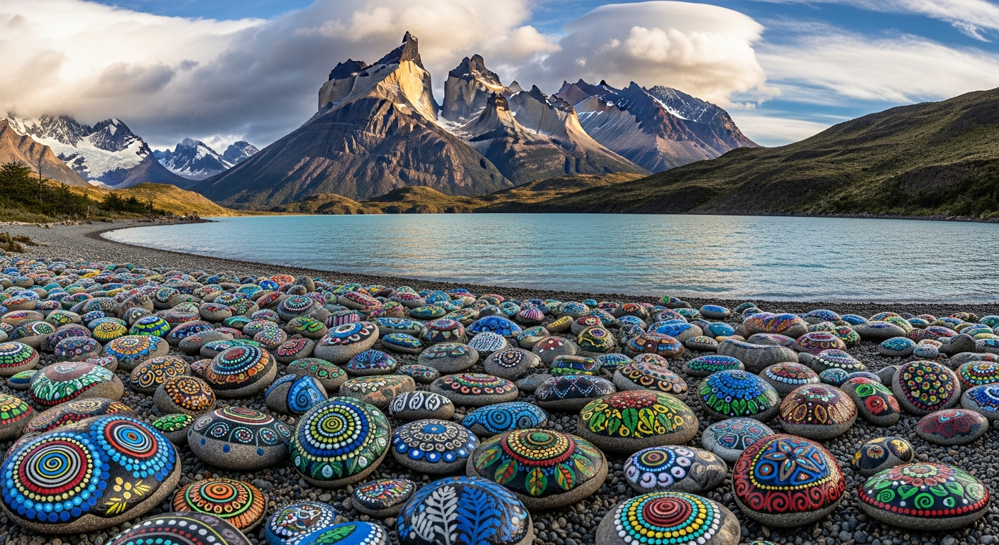 Argentine Patagonia Torres del Paine granite towers above a glacial blue lake, painted decorative pebbles on a pebble beach shoreline