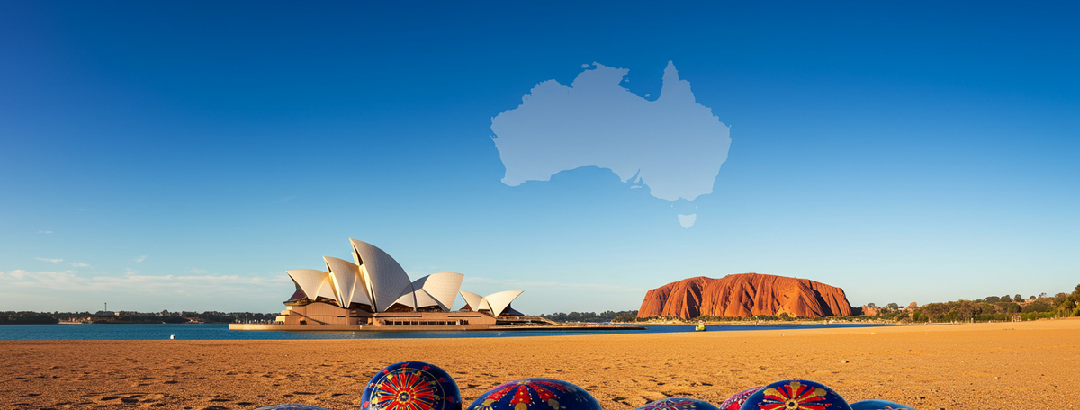 Sydney Opera House against golden Outback desert terrain with painted decorative pebbles