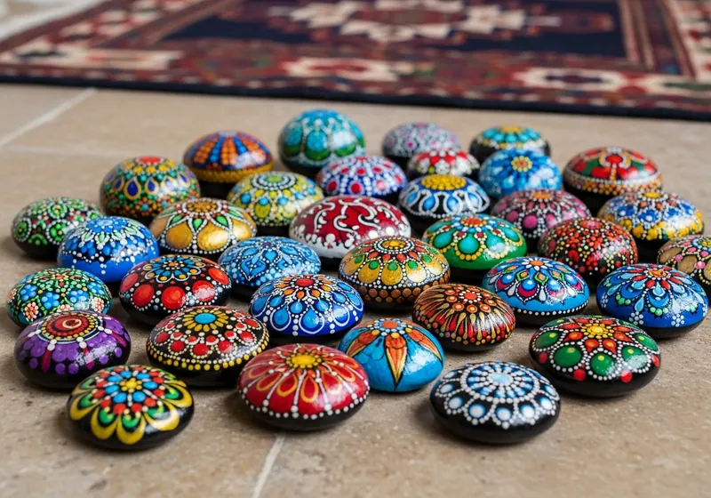 Colourful painted stones arranged on a bench in Baku, Azerbaijan