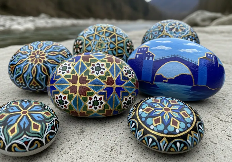 Hand-painted oslikan kamenje resting on a path in Mostar, Bosnia and Herzegovina