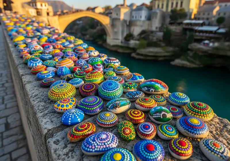 Colourful painted stones arranged on a bench in Sarajevo, Bosnia and Herzegovina