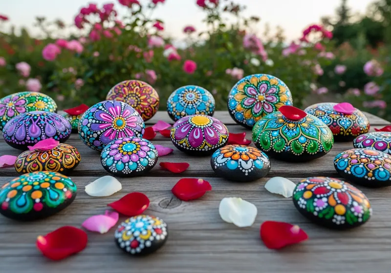 Colourful painted stones arranged on a bench in Sofia, Bulgaria
