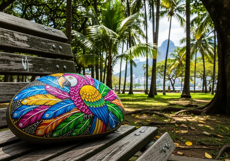 Colourful painted stones arranged on a wooden bench in Rio de Janeiro, Brazil