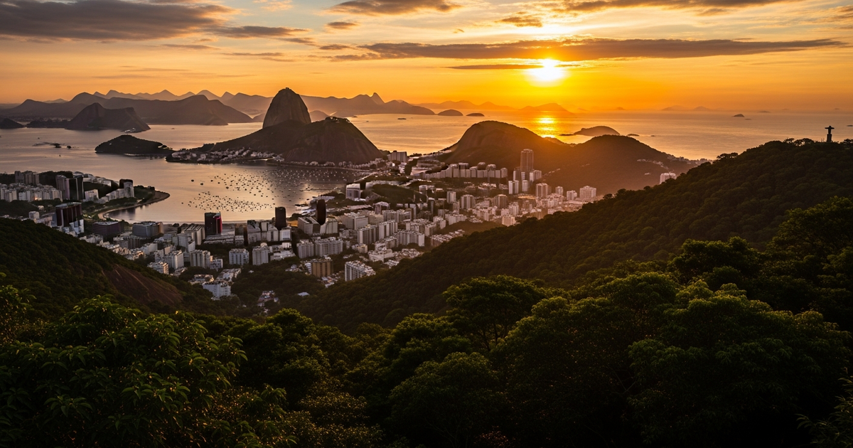 Brazilian Rio de Janeiro coastline with Sugarloaf mountain, Atlantic forest and painted decorative pebbles