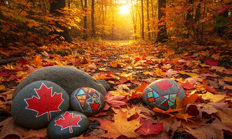 Malované kamínky s motivy javorového listu na dřevěném molu u jezera v Ontariu, Kanada