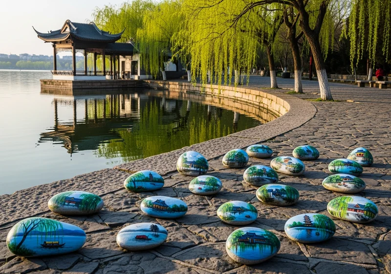 Hand-painted 彩绘石头 resting on a path in a city park in Beijing, China