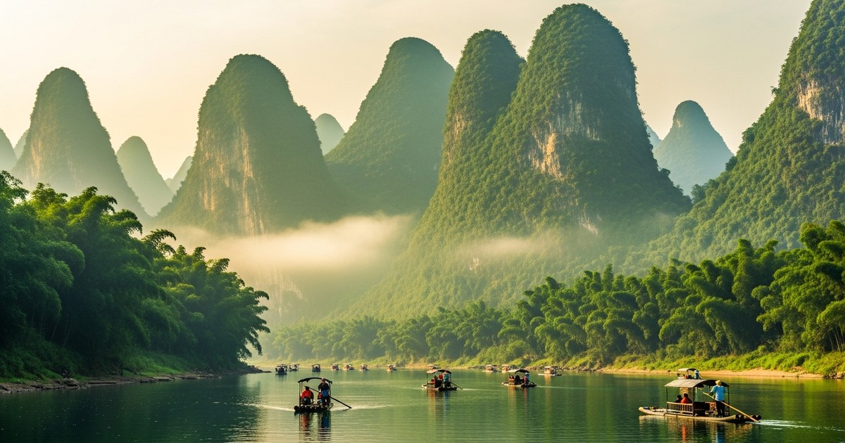 Chinese karst peaks of Guilin with mist, classical garden pavilion and painted decorative pebbles