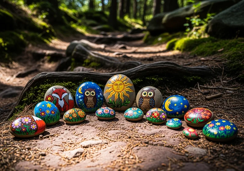 Hand-painted malované kameny resting on a path in a city park in Prague, Czechia
