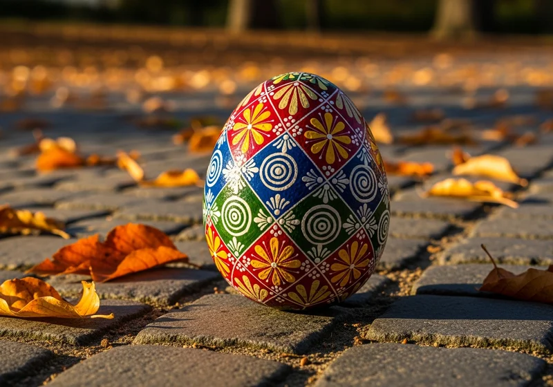 Colourful painted stones arranged on a wooden bench in Brno, Czechia