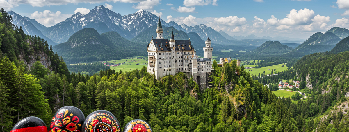 Bavarian alpine castle and forested hills with painted decorative pebbles