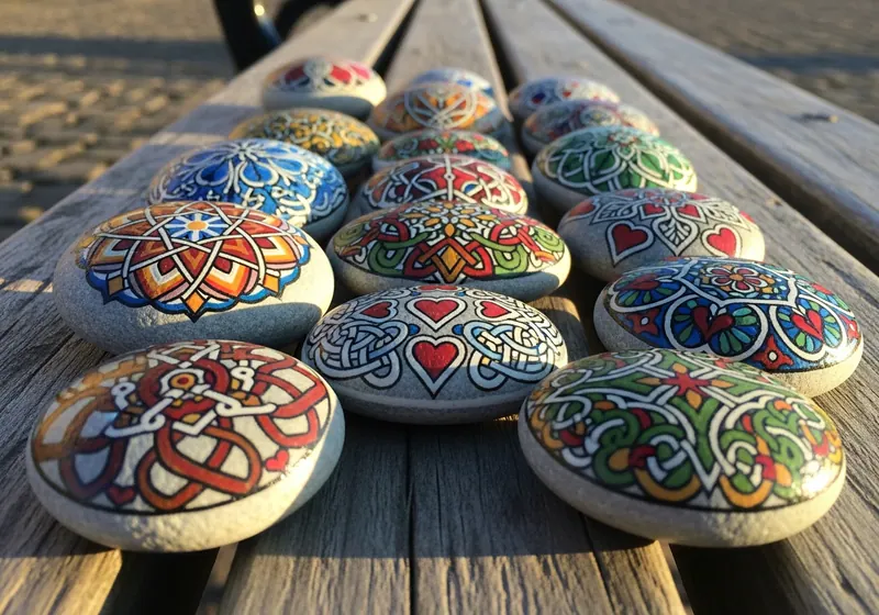 Hand-painted malede sten resting on a path in Fælledparken, Copenhagen, Denmark