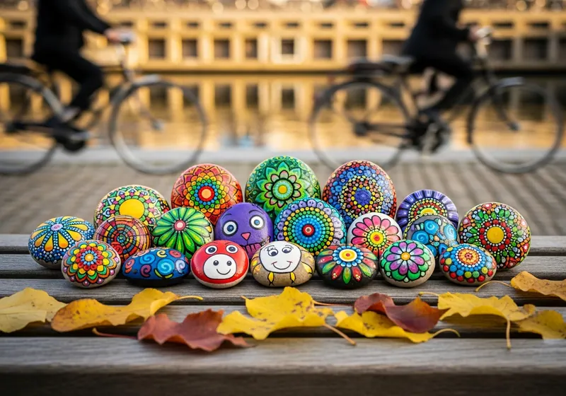 Colourful painted stones arranged on a bench in Copenhagen, Denmark