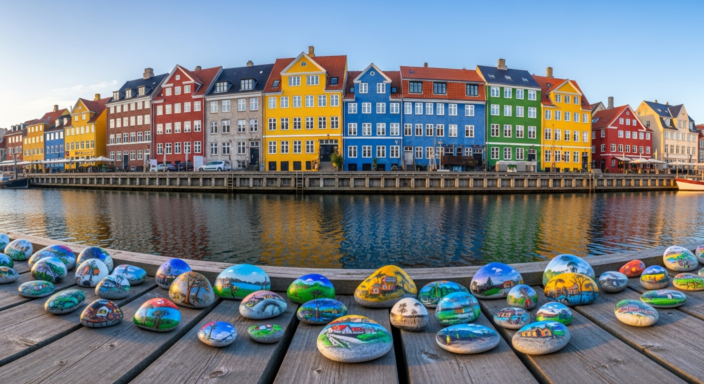 Scenic Danish coastal harbour with colourful traditional houses reflected in calm water and painted decorative pebbles on a wooden dock